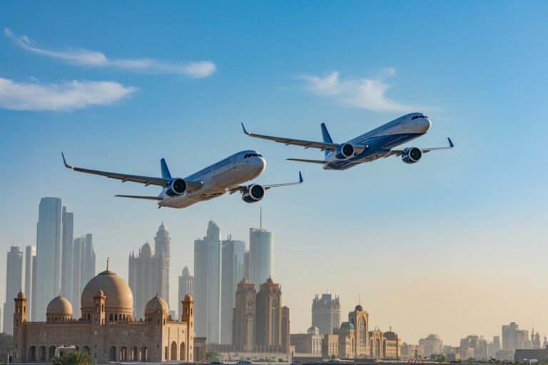 Two commercial airplanes fly in formation over a futuristic city skyline with domed mosque in the foreground.
