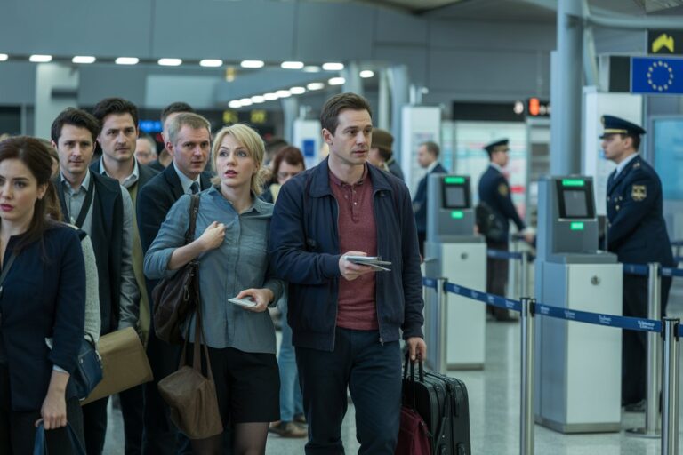 Crowd of travelers waiting in line at airport security, with a man holding documents and a woman adjusting her bag as officers monitor the area at the gate.
