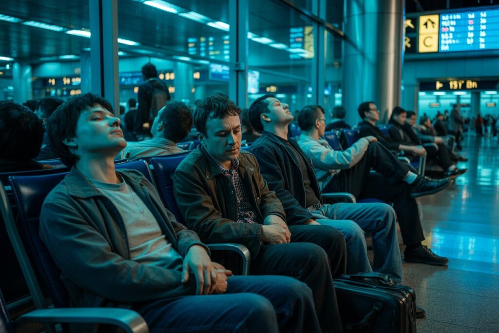 Group of travelers seated in an airport terminal under blue lighting, some sleeping or resting with luggage nearby.
