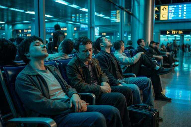 Group of travelers seated in an airport terminal under blue lighting, some sleeping or resting with luggage nearby.