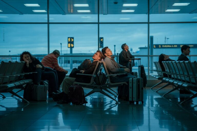 Passengers in an airport gate lounge seated with their bags, some resting with eyes closed, blue-tinted lighting outside the windows.