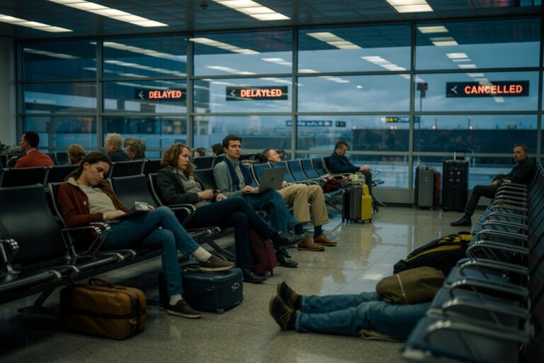 Travelers wait in an airport terminal as signs show delayed and cancelled flights above the glass walls.