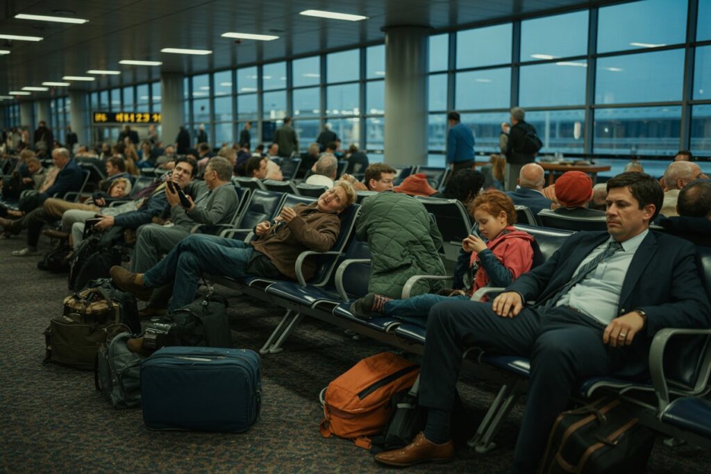 People wait in a long airport terminal with luggage on the floor and row seating by large windows.