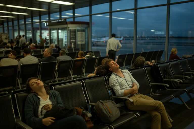 Two travelers asleep in a modern airport lounge, leaning back in row of black chairs with bags nearby and large windows showing planes outside at dusk/early evening.