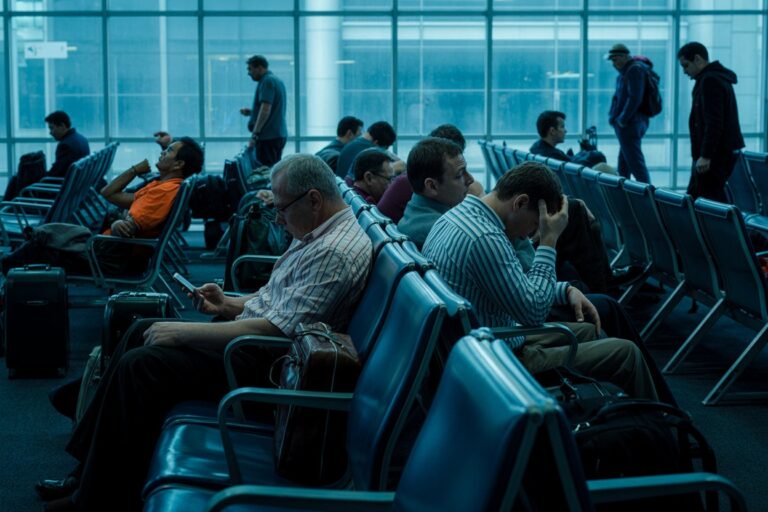 Travelers sit in a bright airport terminal, some on phones, others resting with luggage nearby before boarding.