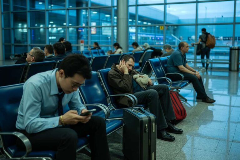 travelers seated in an airport arrivals hall with suitcases, some using phones and others waiting near blue chairs.