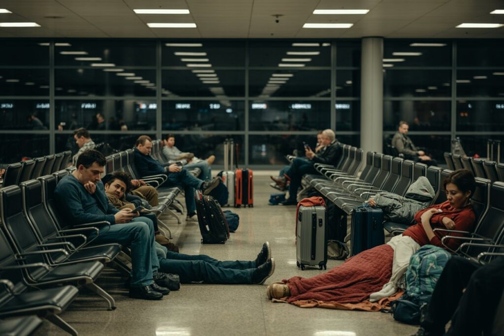 People wait in an airport terminal; several travelers sit with luggage, some using phones while others rest under a blanket.