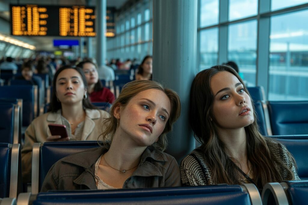 Two young women sit in an airport terminal, leaning against a pillar and gazing off, with a flight board in the background.