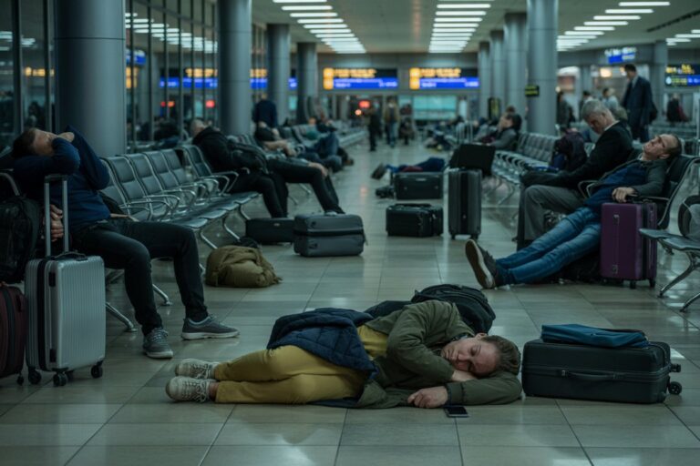 People resting in an airport terminal with suitcases scattered around and one person sleeping on the floor in the foreground.