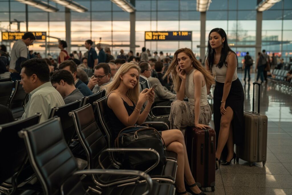 Three women with luggage at an airport gate: two sit and chat on their phones, one stands behind with a suitcase.
