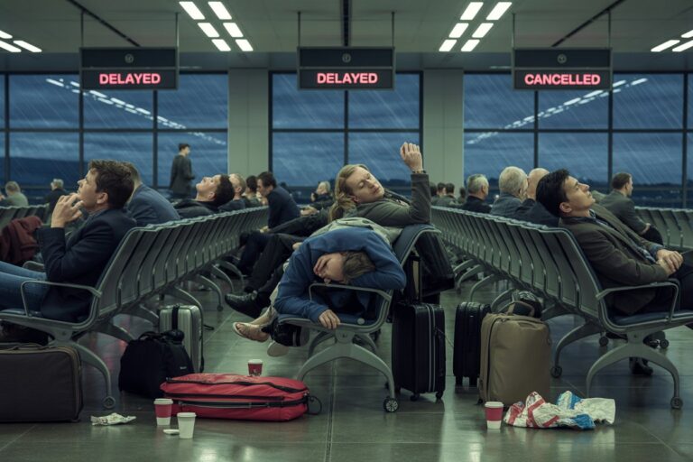 Airport gate area with signs reading Delayed and Cancelled; exhausted travelers seated among suitcases.