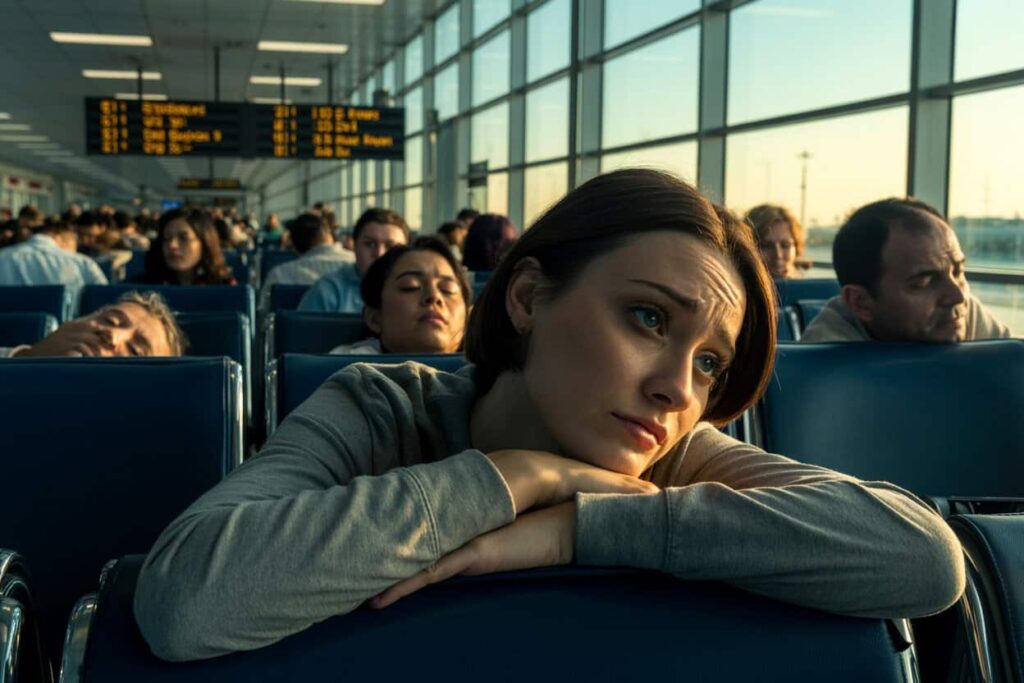 Young woman rests her head on folded arms on blue airport-terminal seats, surrounded by waiting travelers at sunset.