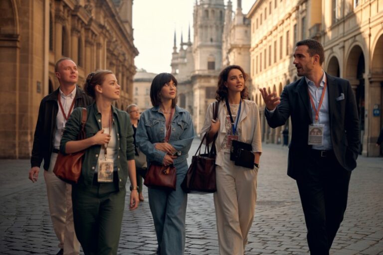 Group of five tourists walking down a cobblestone street as a male guide speaks to them in a historic European city.