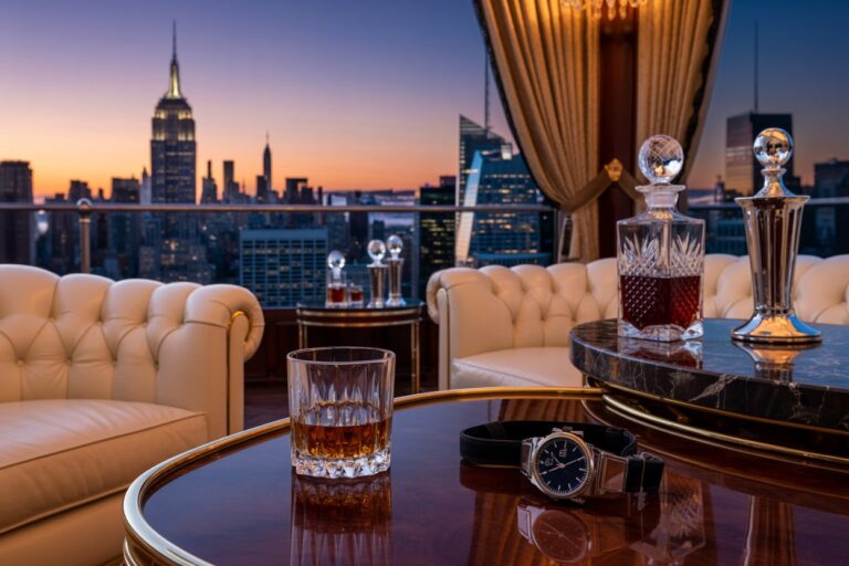 Luxurious rooftop lounge with a whiskey glass, wristwatch, and crystal decanters on a glossy table against a city skyline at sunset