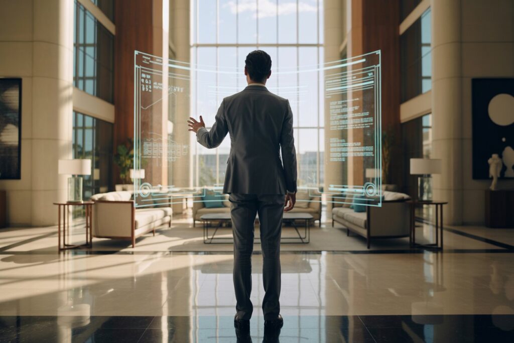Businessman in a gray suit stands with back to camera in a bright lobby, interacting with floating holographic screens.