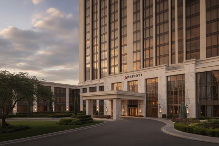 Exterior view of a Marriott hotel with a tall glass façade, porte-cochère, and curved driveway at dusk