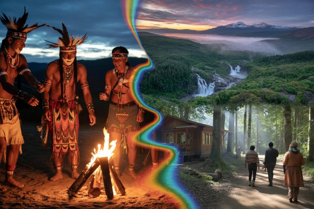 Left: indigenous dancers in traditional attire around a campfire at dusk; right: forest valley with a waterfall and distant mountains, connected by a rainbow edge.