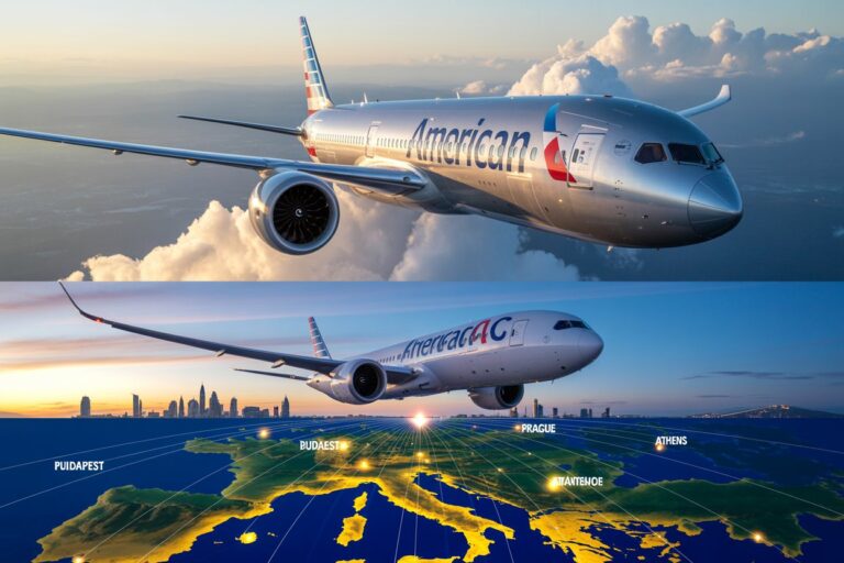 Two American Airlines jets in flight, shown above a colored map of Europe with city labels like Budapest, Prague, and Athens on the horizon.