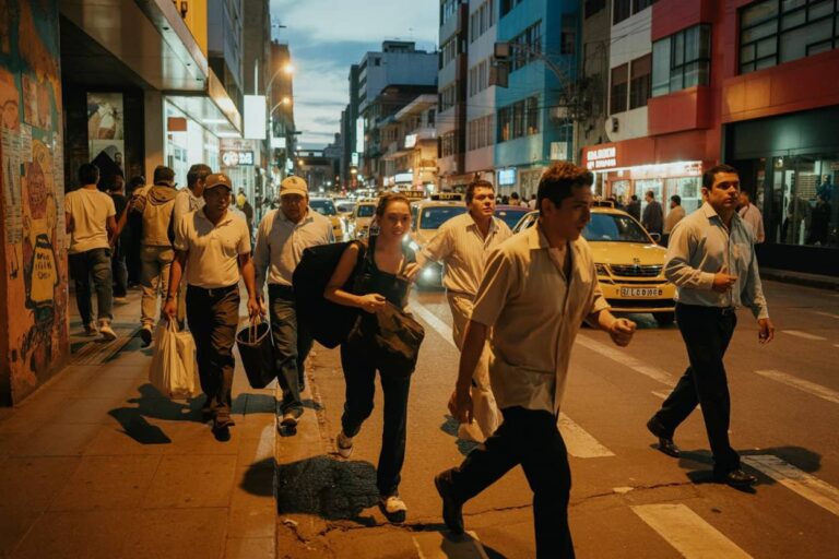 Group of pedestrians crossing a busy city street at dusk, carrying bags and backpacks.