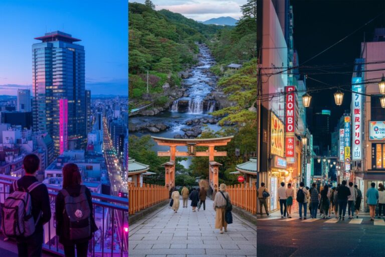 Three-panel collage: city skyline at blue hour, a torii gate beside a forest waterfall, and a busy neon-lit street in Japan at night.