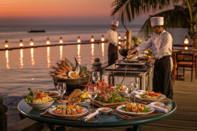 Outdoor seafood dinner by the water at sunset; a round table with plated dishes, wine glasses, and chefs cooking in the background.
