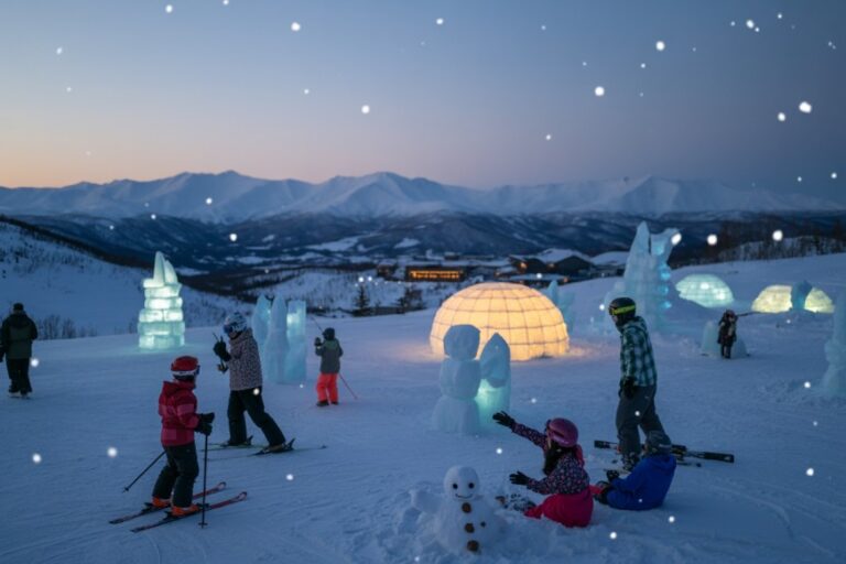 Snowy ski area at dusk with illuminated ice sculptures, igloo domes, and children skiing and playing in jackets and helmets.
