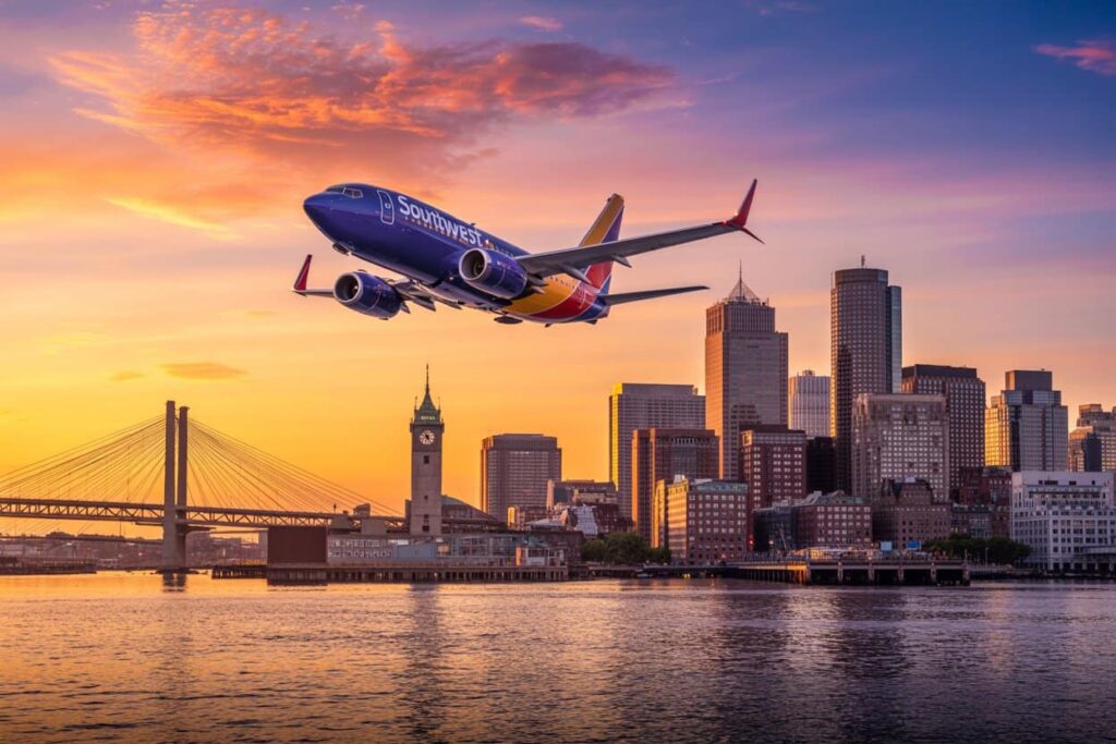 Sunset over a harbor city with a Southwest airplane climbing above the skyline and a bridge in the foreground.