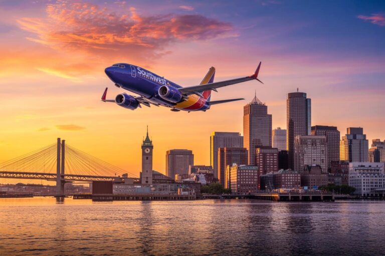 Southwest Airlines jet flying over a sunset-lit city skyline with a river in the foreground.
