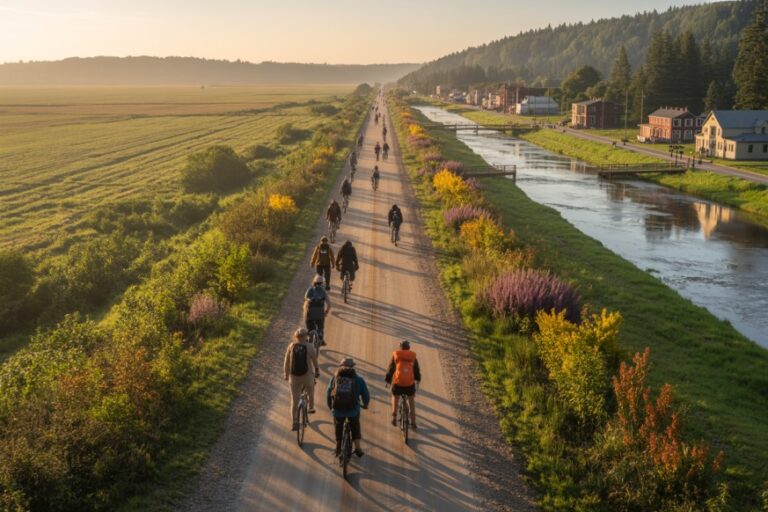Group of cyclists riding along a rural dirt path beside a canal at sunset, with fields and a small town to the right.