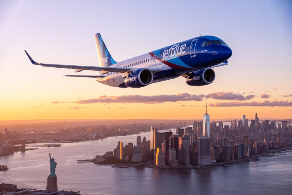 JetBlue jet flying over the New York City skyline at sunset, with the Statue of Liberty in the foreground.