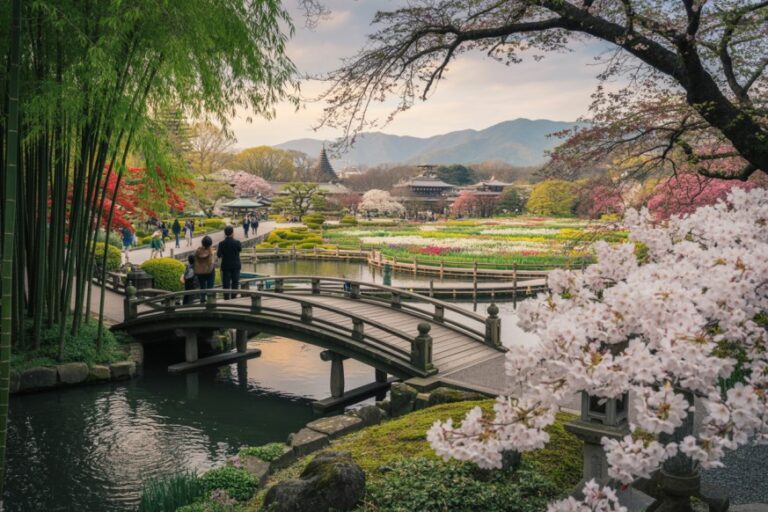 People strolling across a wooden arched bridge over a reflective pond in a Japanese garden with cherry blossoms and colorful flowers, distant pagoda and mountains visible.