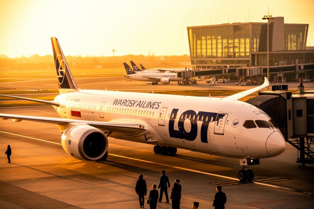 LOT Airlines aircraft at a gate during sunset with a jet bridge attached. the warm golden light highlights the plane on the tarmac.