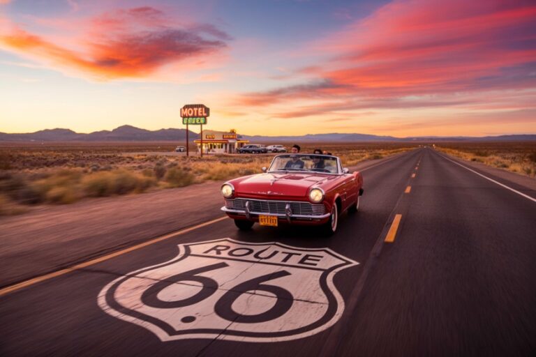 Red vintage convertible driving on Route 66 with desert landscape at sunset and a motel sign in the background on the left side of the road.