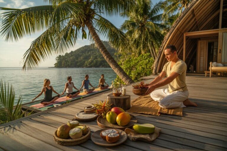 Yoga class on a seaside wooden deck at a tropical resort, with palm trees and calm water in the background and a fruit spread in the foreground.