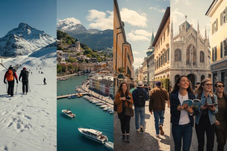 Travel collage: skiers on a snowy mountain, a harbor town with boats, a sunny European street, and friends reading a guidebook.
