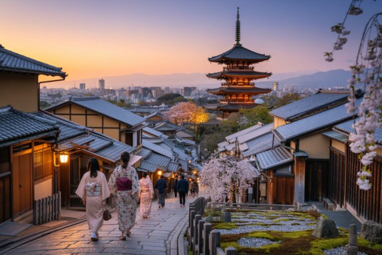 Kimonos-clad pedestrians stroll a stone street in Kyoto's Higashiyama district toward a lit, multi-tiered pagoda with cherry blossoms at dusk.