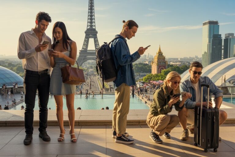 Five young tourists in Paris by the Eiffel Tower, all looking at their smartphones.