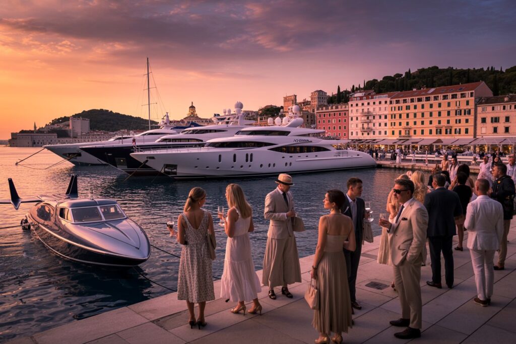 Group of well-dressed guests conversing on a marina promenade at sunset, with large luxury yachts anchored in the harbor.