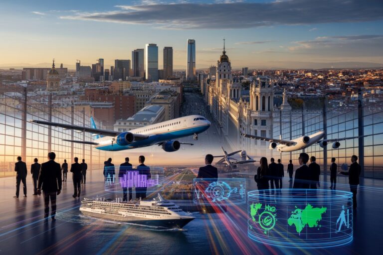 Futuristic airport scene with planes taking off, silhouetted professionals, and glowing holographic dashboards against a sunset city skyline.
