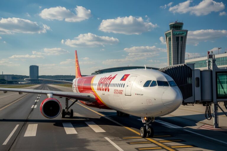 Airline passenger airplane docked at a gate with a jet bridge connected at a sunny airport.