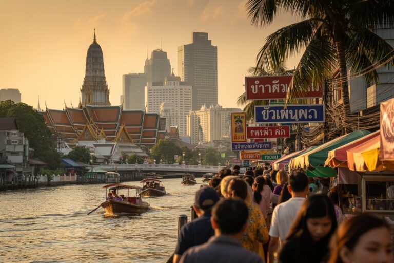 Crowded riverside market along the Chao Phraya River at sunset, boats on the water with Bangkok skyline in background.