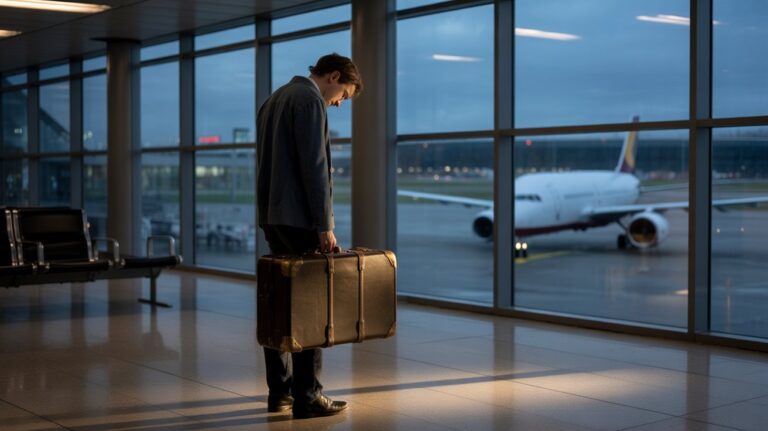 Man in a dark blazer stands in an empty airport terminal, holding a brown vintage suitcase, as a plane sits outside the windows.