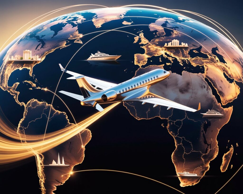 Airplane flying over a glowing globe with ships and curved flight paths, symbolizing global travel and connectivity