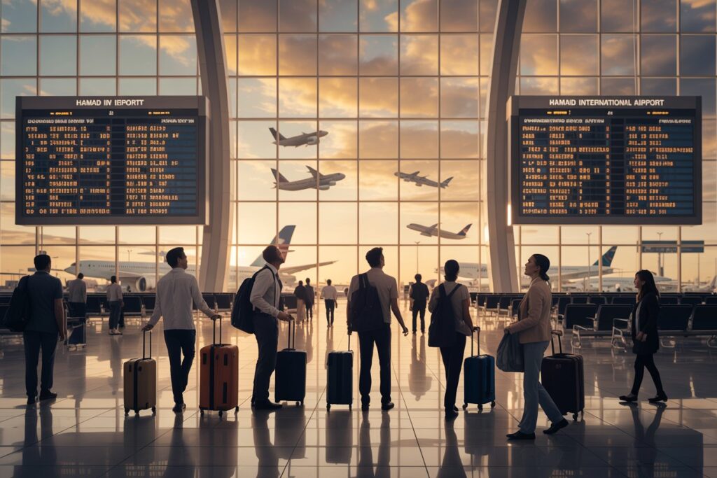 Passengers with rolling suitcases wait in a modern airport terminal as planes fly by outside.