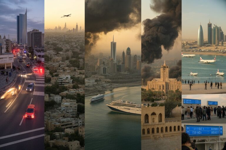 A vertical collage showing six city scenes: busy street at dusk, hillside settlement, skyline with a tall pointed skyscraper and a cruise ship, thick smoke over a city, modern towers by the water, and a crowded beach with boats and signs.