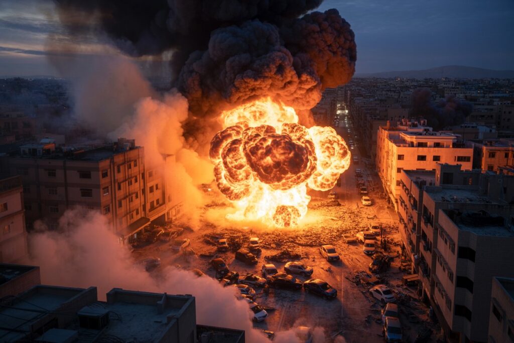 Massive fireball and thick black smoke erupting on a city street, destroying cars and buildings below.
