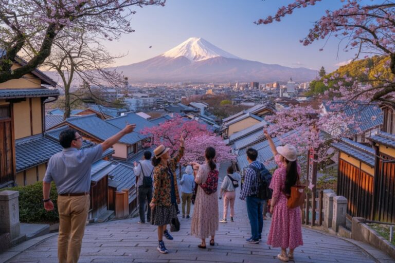 Tourists walk down stone steps toward a city with Mount Fuji in the distance and blooming cherry trees in the foreground on a clear day.