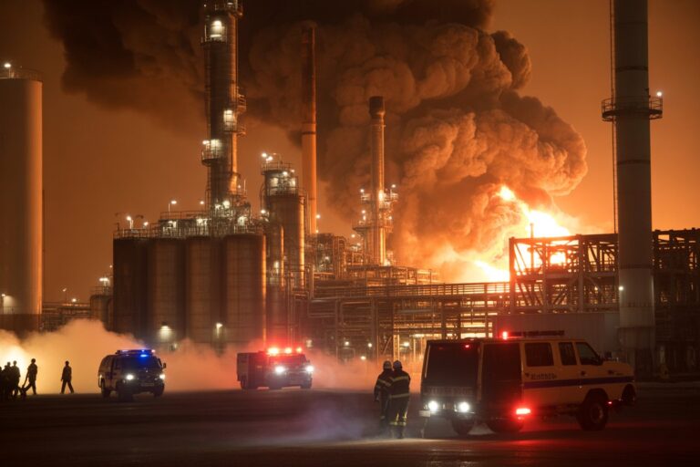 Nighttime refinery fire with large flames and smoke; emergency responders and multiple vehicles on scene with flashing lights