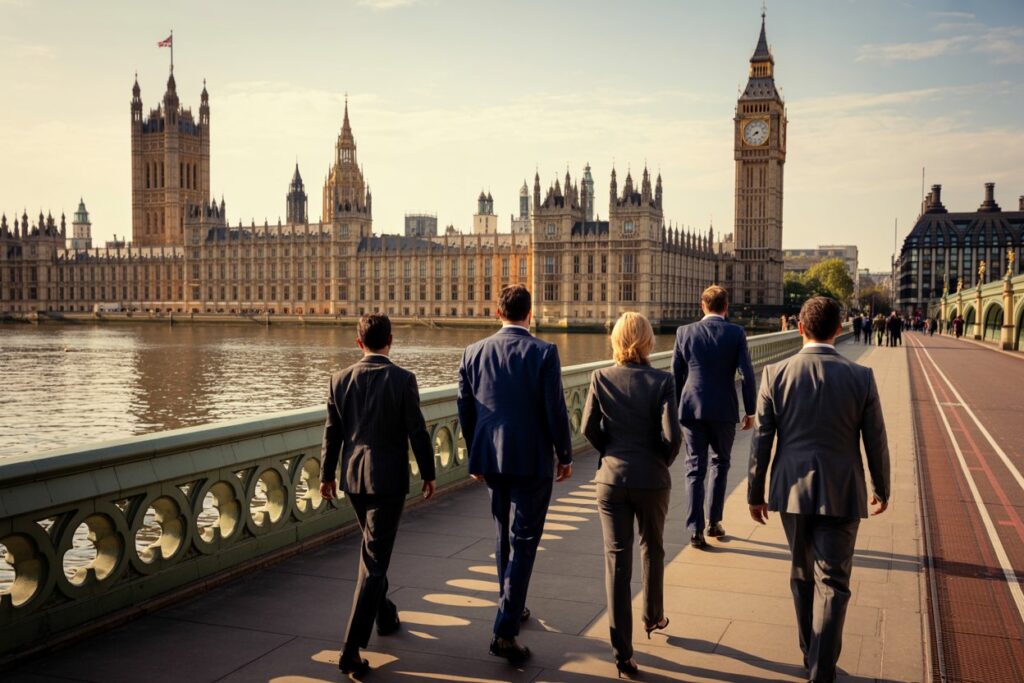 Six professionals in business suits walk along Westminster Bridge toward the Houses of Parliament and Big Ben at sunset/sunlit water.
