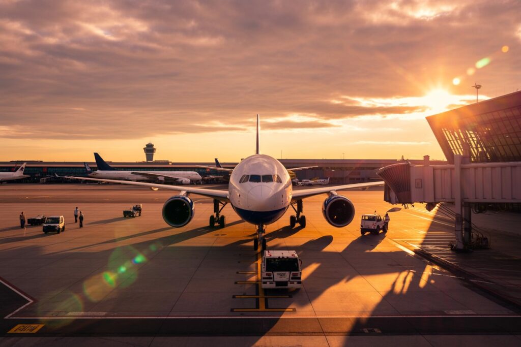 Front view of a passenger jet parked at the gate on a sunlit tarmac, jet bridge on the right and ground crew nearby at sunset.